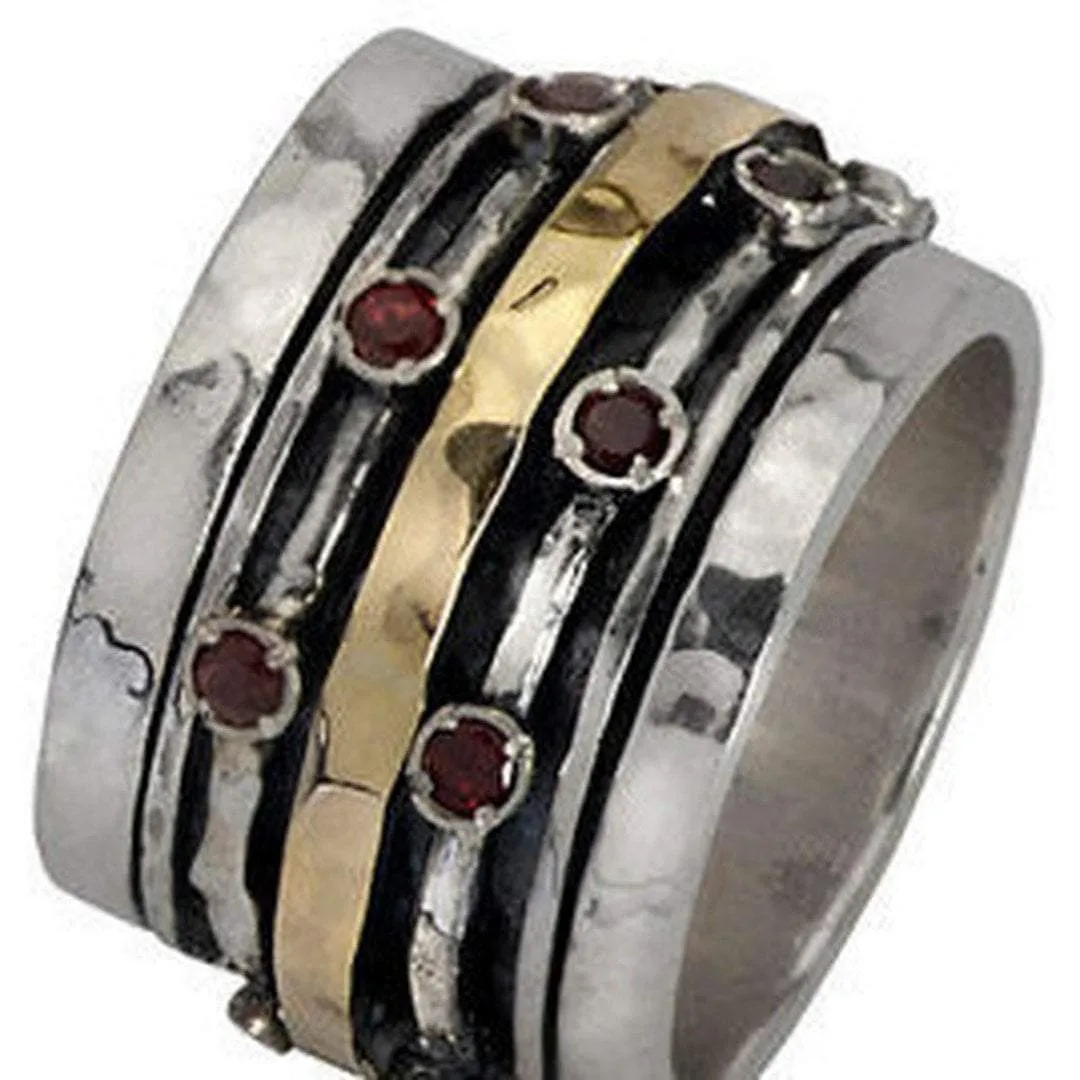 Spinner Ring for  woman set with garnets / silver gold 9ct / Two tones Metals Ring