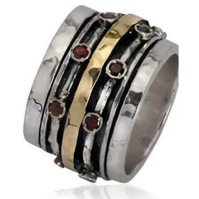 Spinner Ring for  woman set with garnets / silver gold 9ct / Two tones Metals Ring