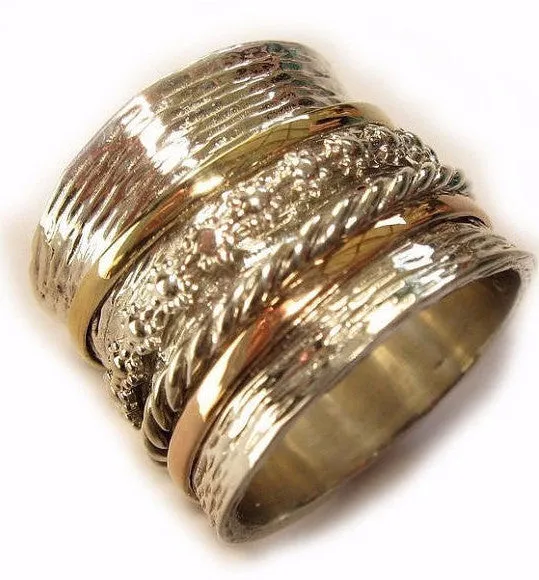 Spinner rings for women, spinner rings for men, silver spinner ring with 9ct gold bands