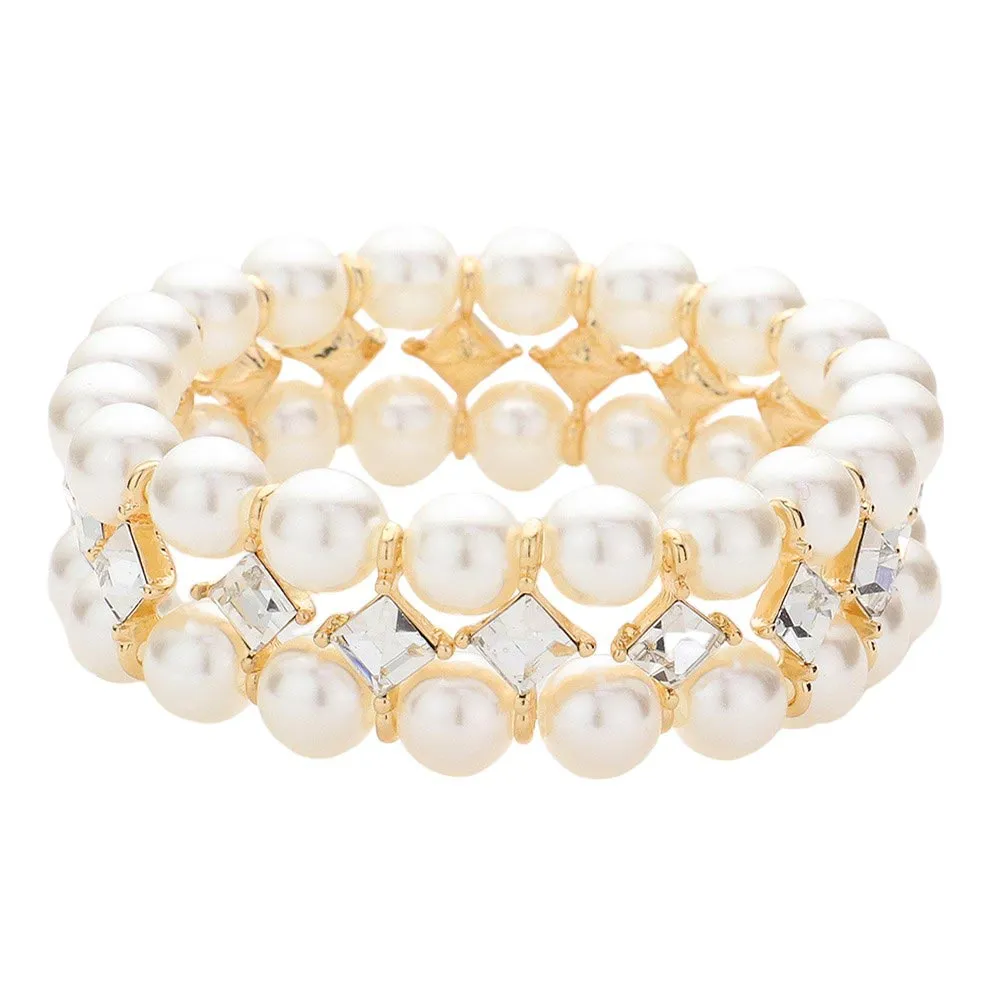 Square Stone Accented Pearl Stretch Bracelet