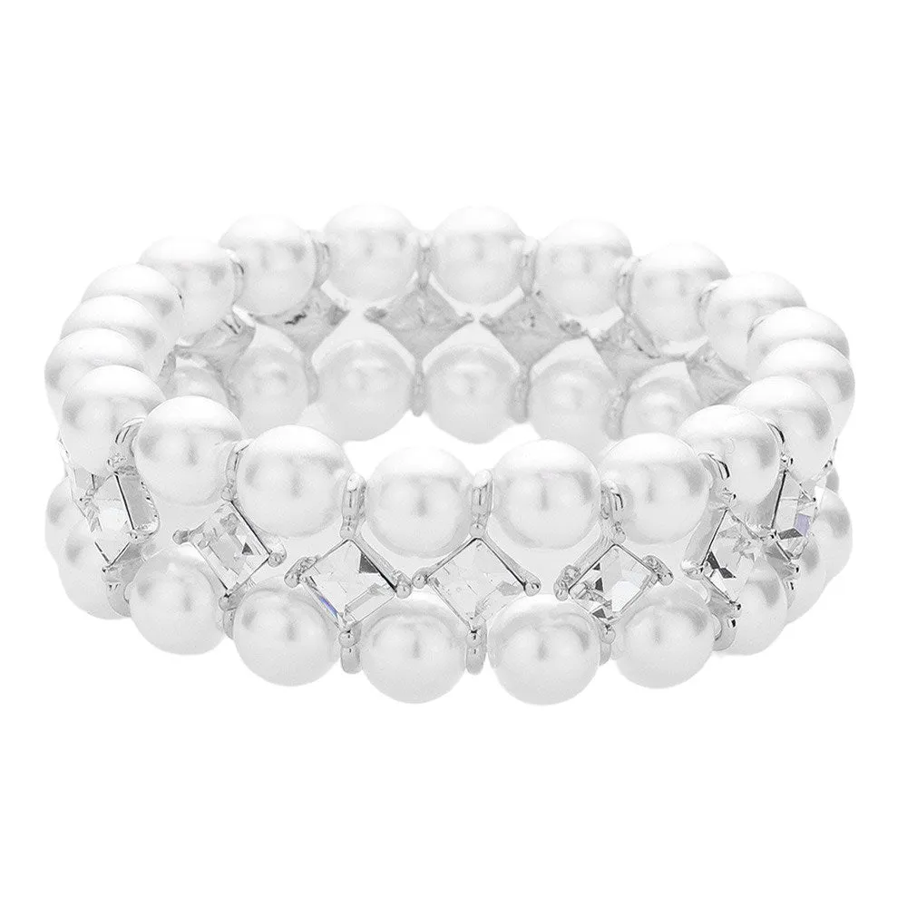 Square Stone Accented Pearl Stretch Bracelet