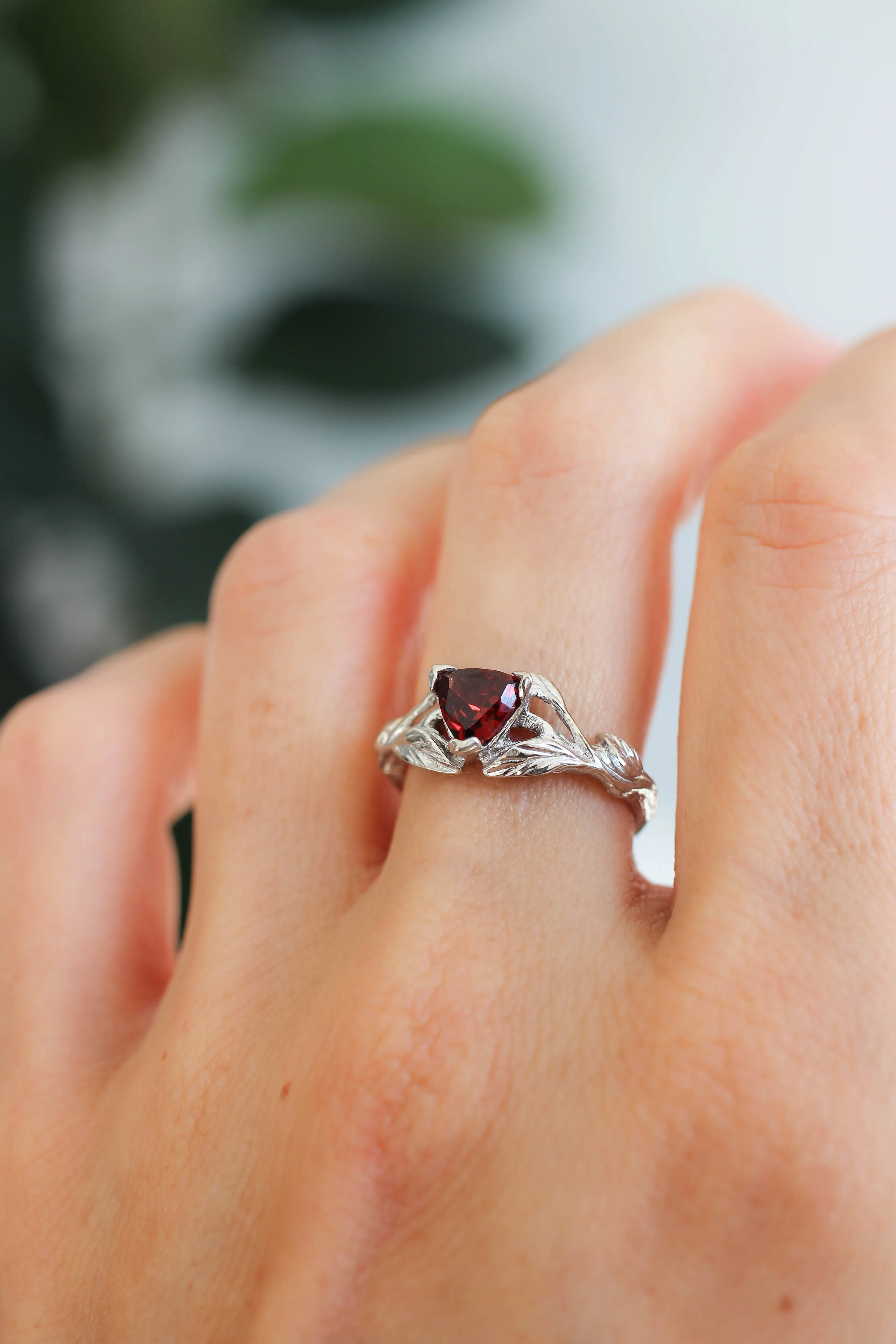 Trillion cut red garnet branch ring / Clematis