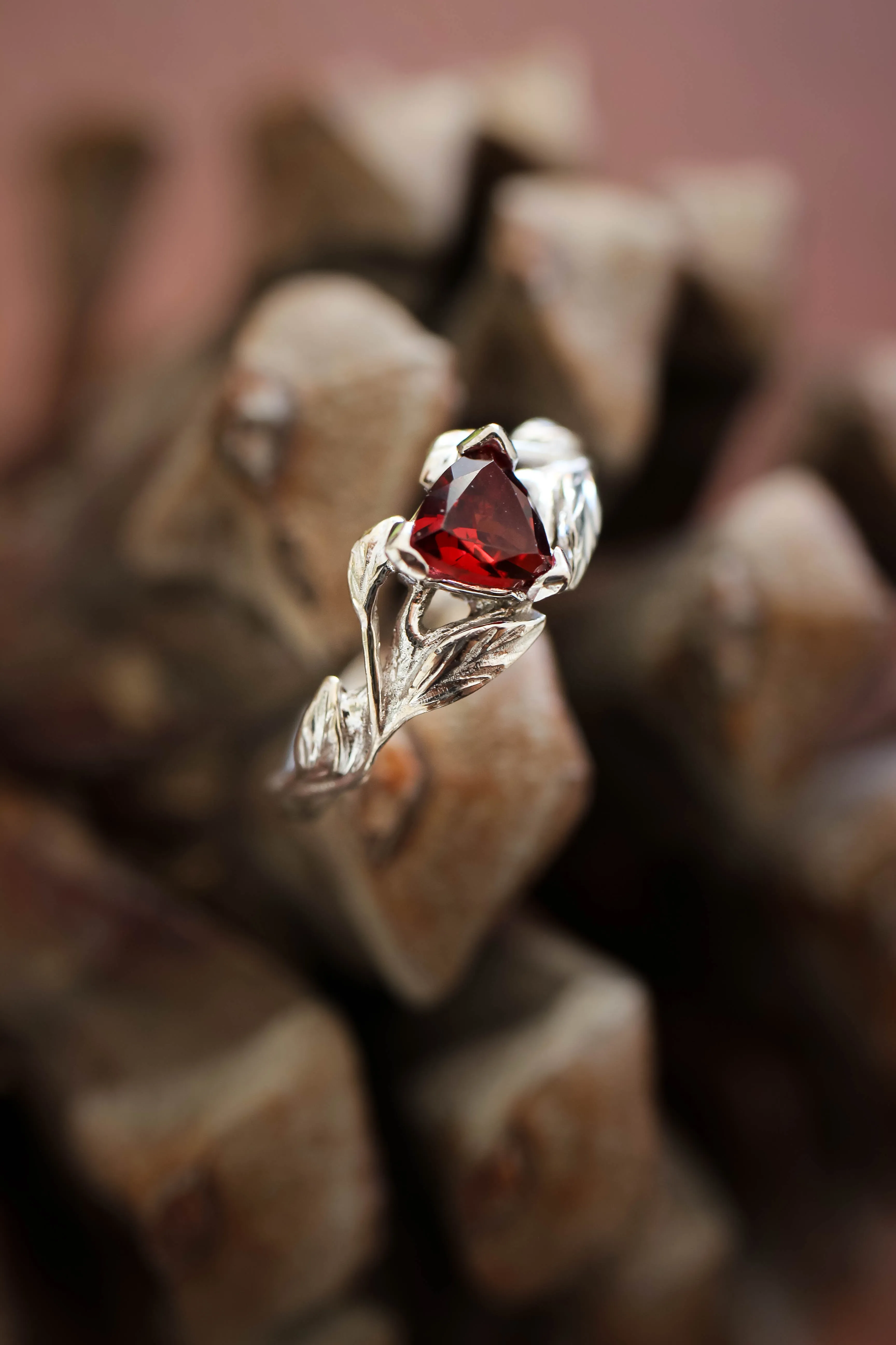 Trillion cut red garnet branch ring / Clematis