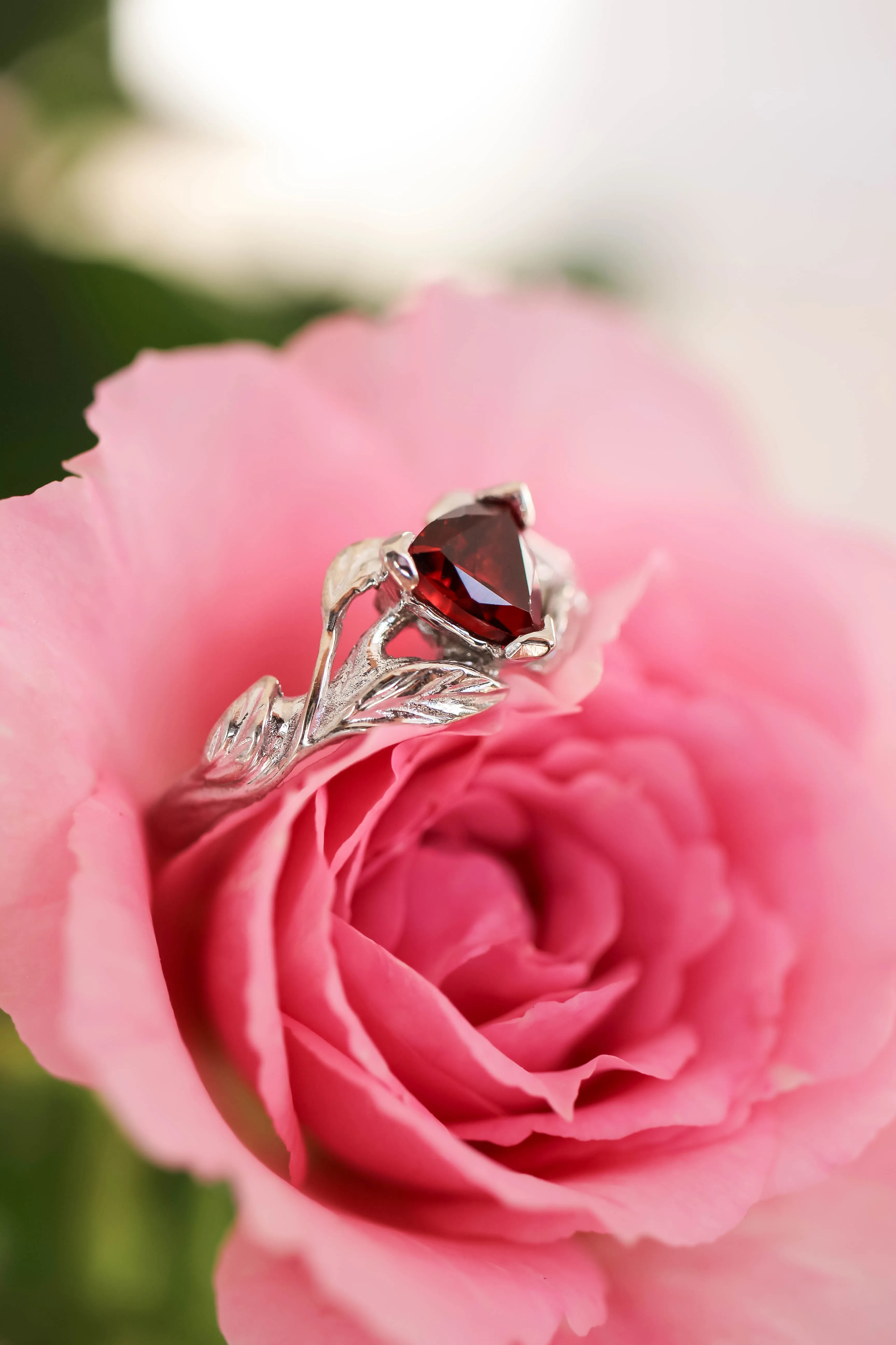 Trillion cut red garnet branch ring / Clematis