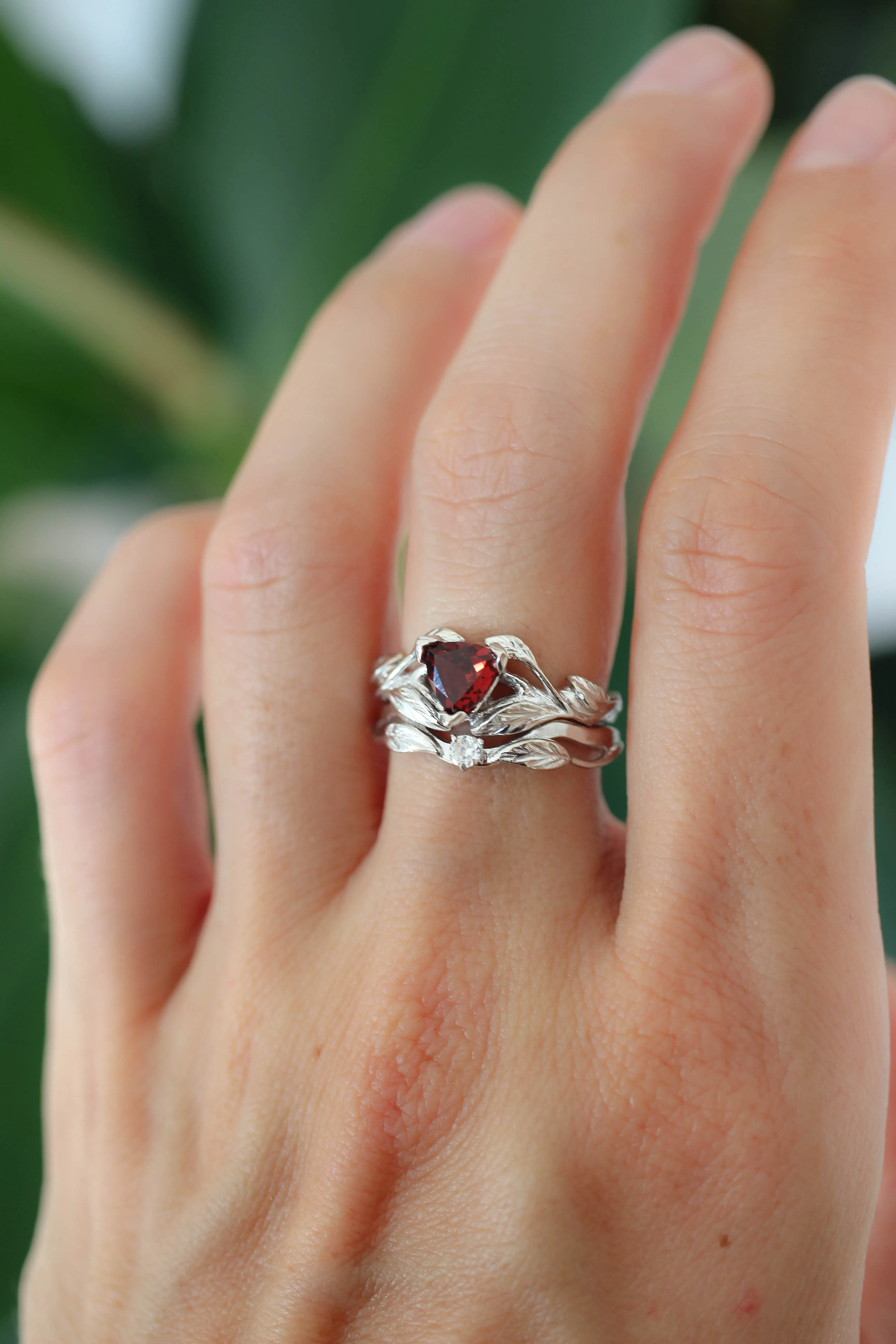 Trillion cut red garnet branch ring / Clematis