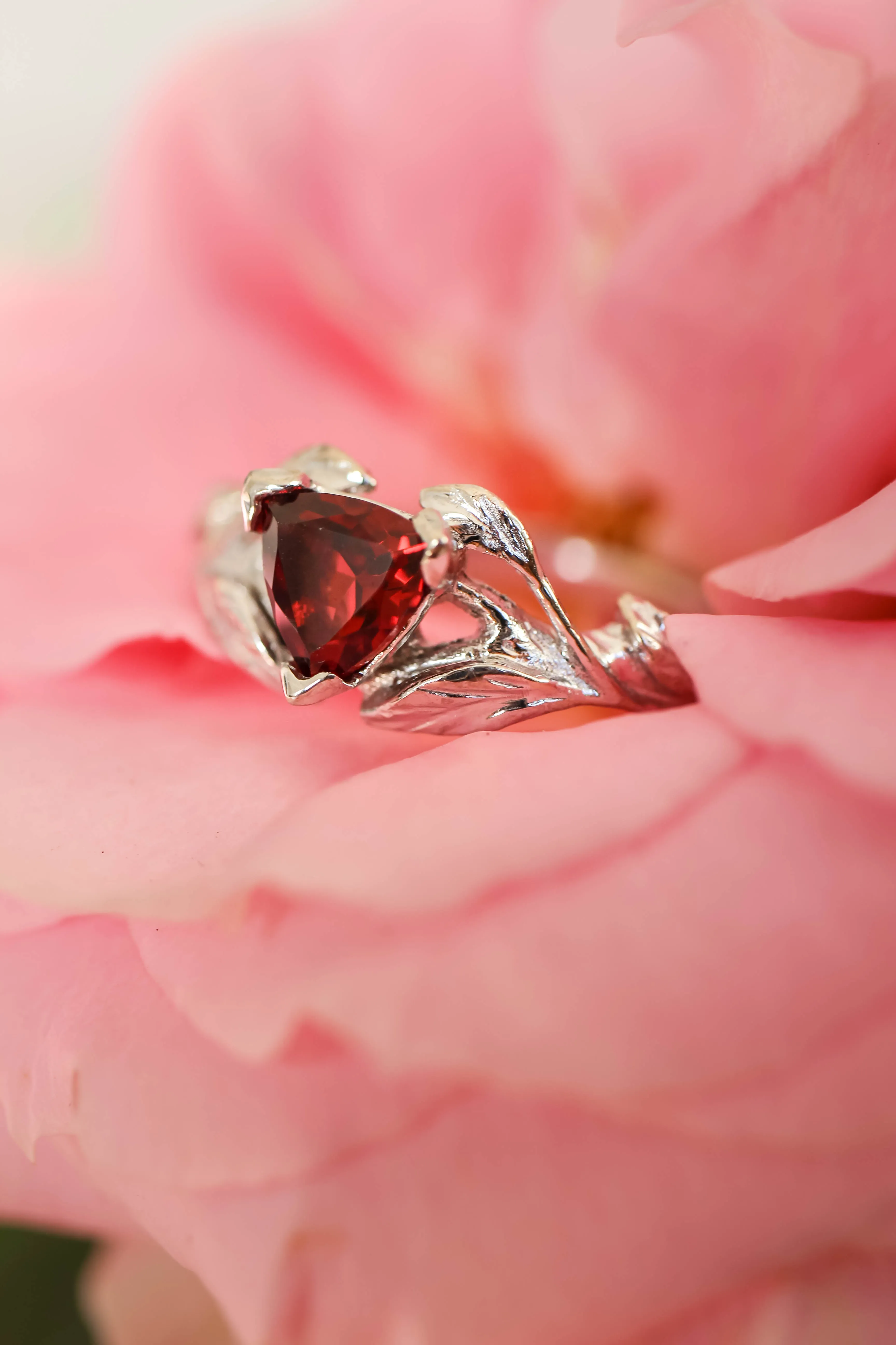 Trillion cut red garnet branch ring / Clematis