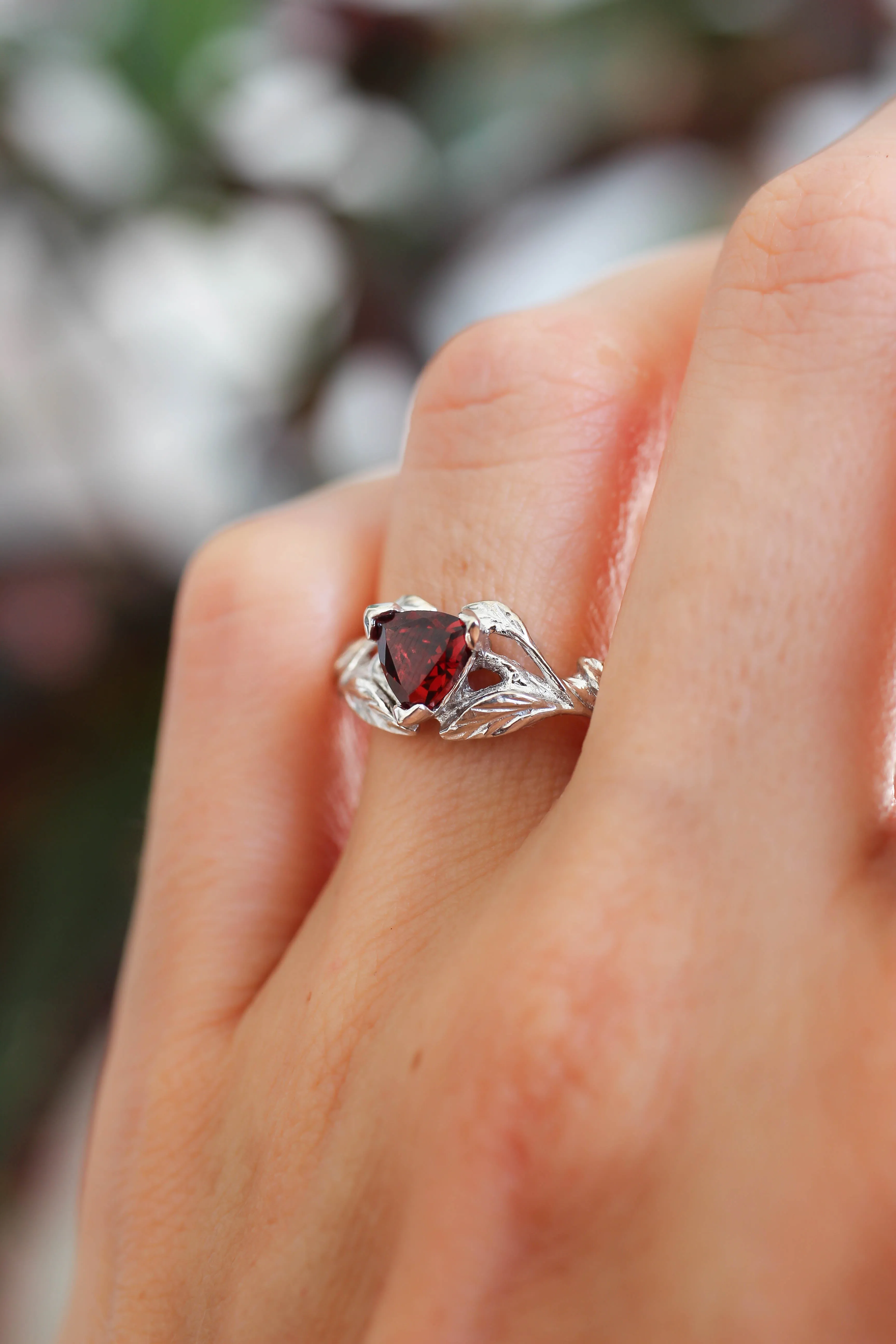 Trillion cut red garnet branch ring / Clematis