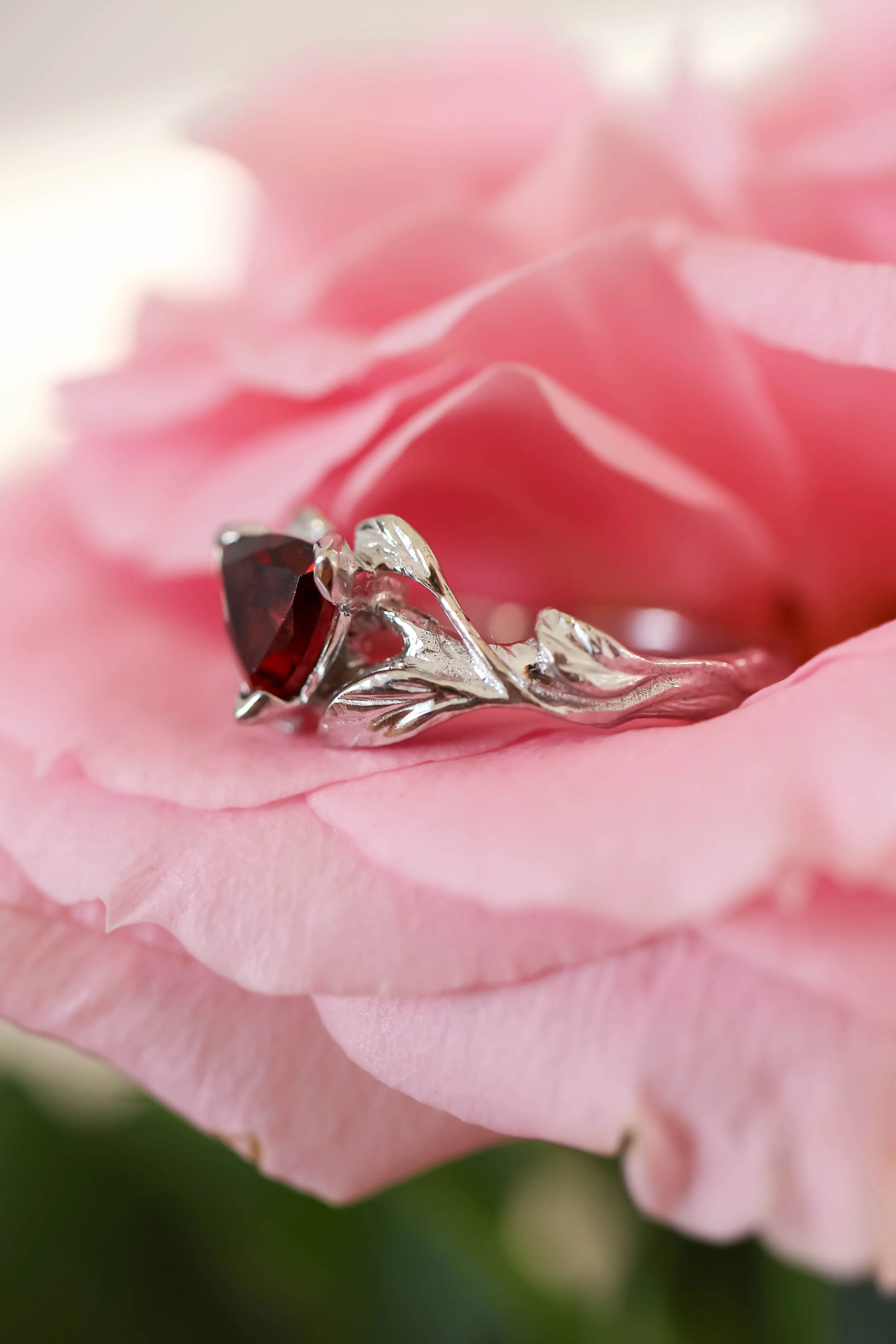 Trillion cut red garnet branch ring / Clematis