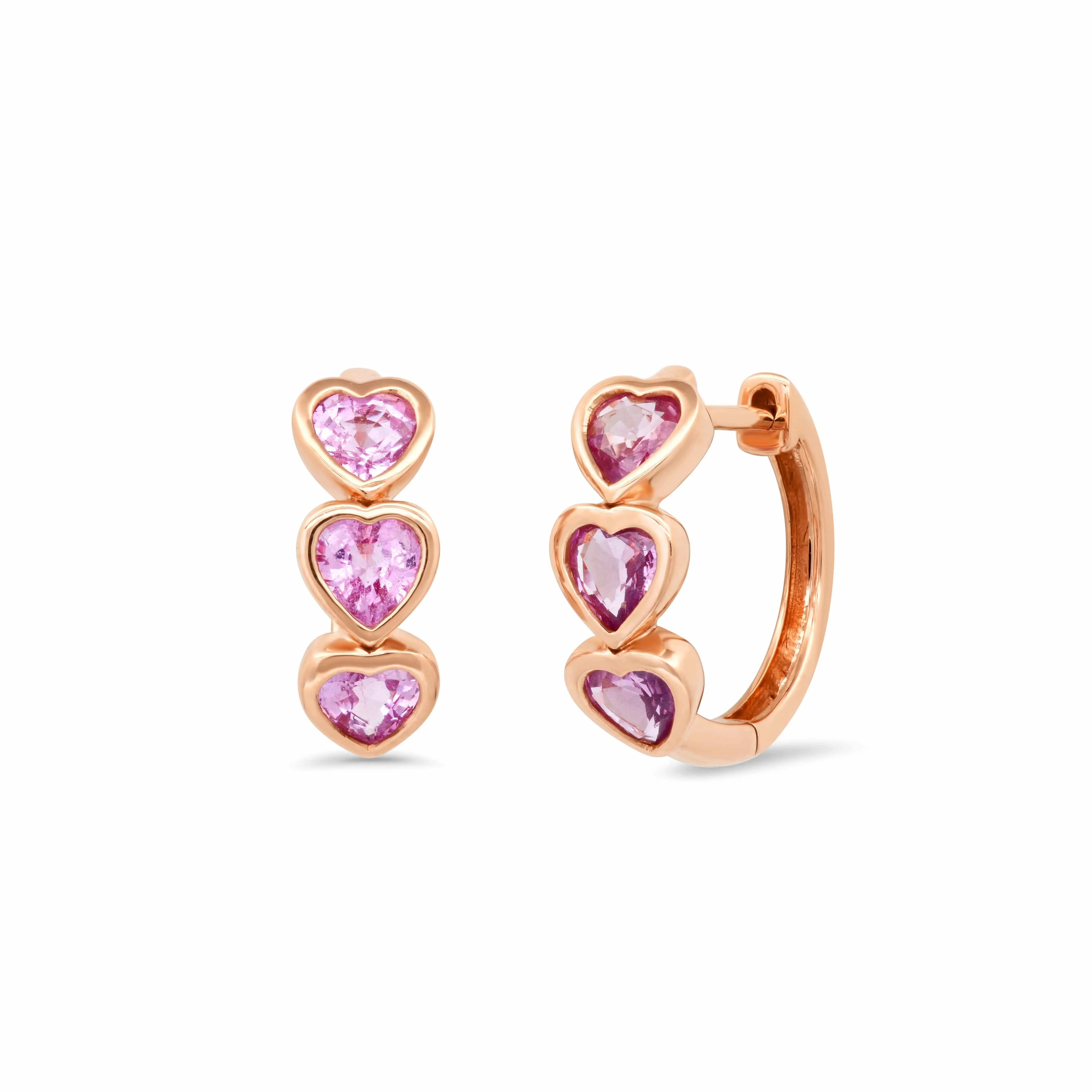 Triple Heart Pink Sapphire Bezel Set Hoop Earrings