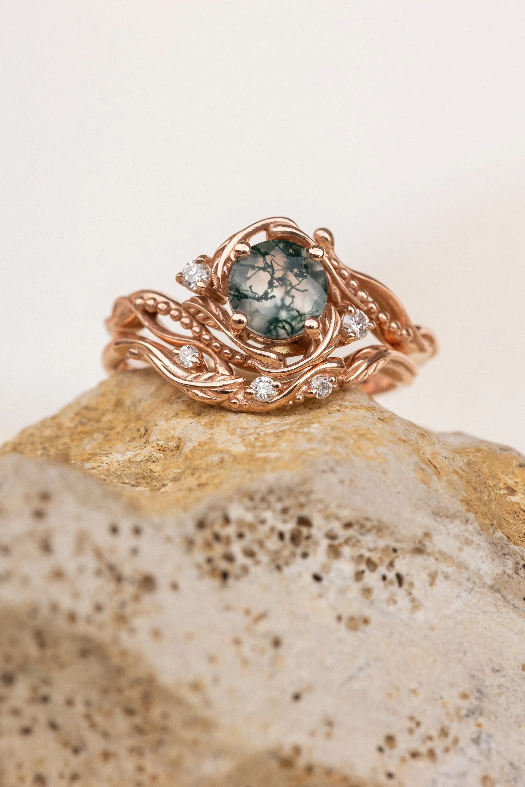 White gold bridal ring set with round moss agate and accent diamonds / Undina