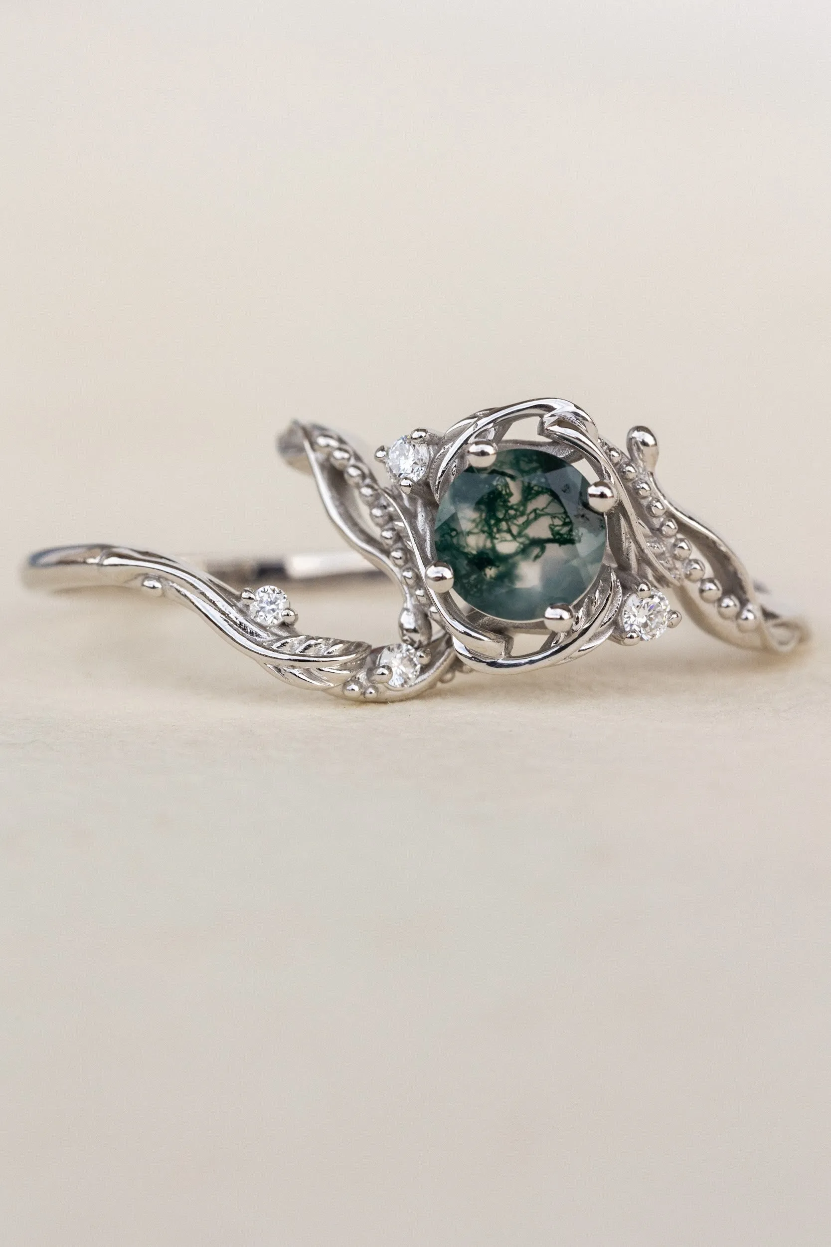 White gold bridal ring set with round moss agate and accent diamonds / Undina