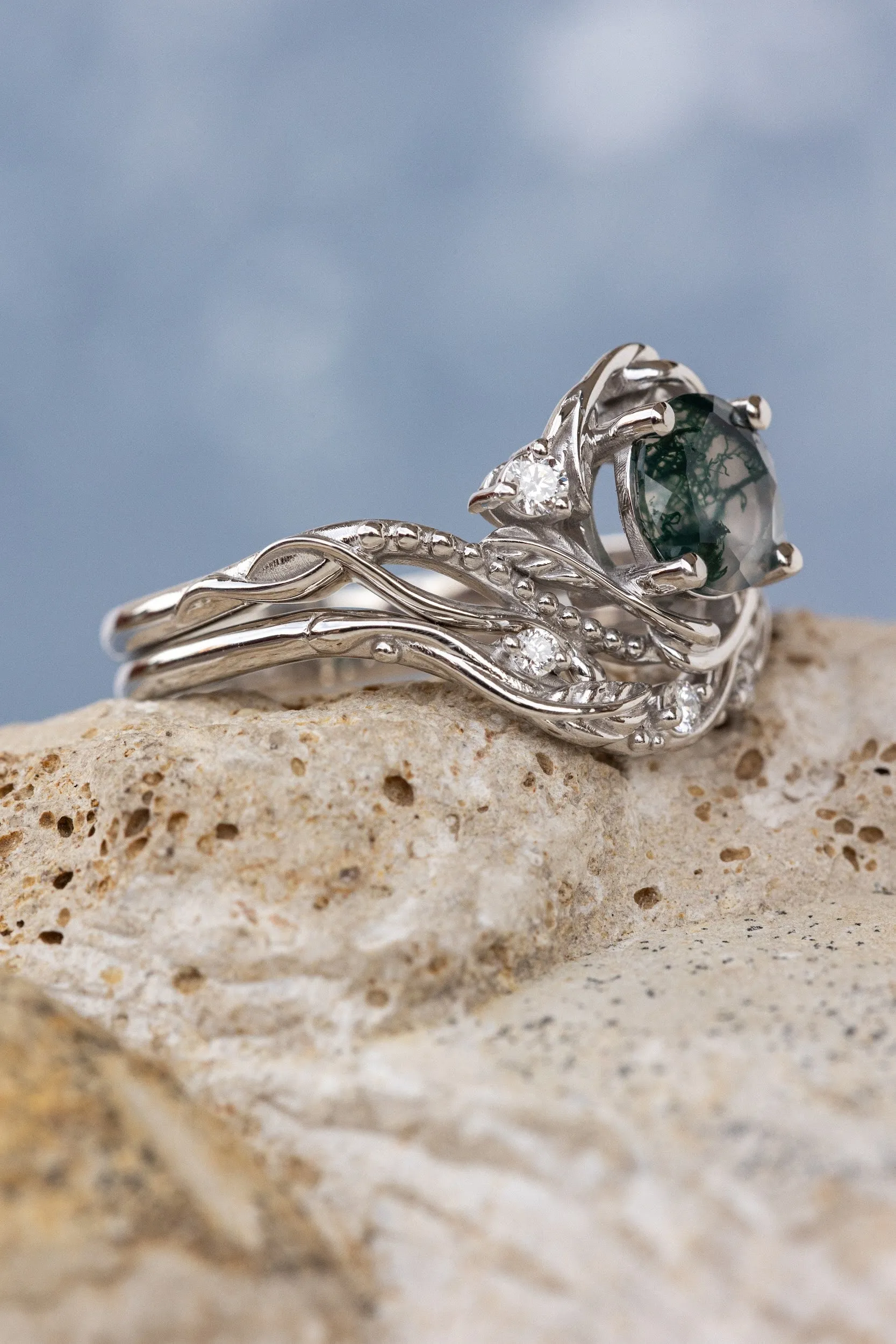 White gold bridal ring set with round moss agate and accent diamonds / Undina