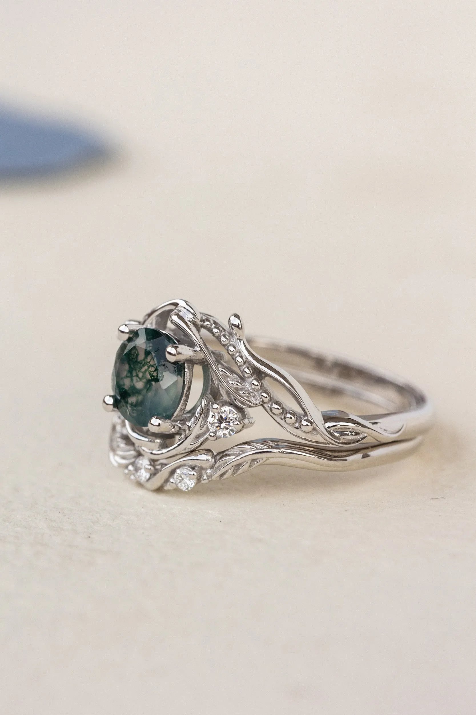 White gold bridal ring set with round moss agate and accent diamonds / Undina