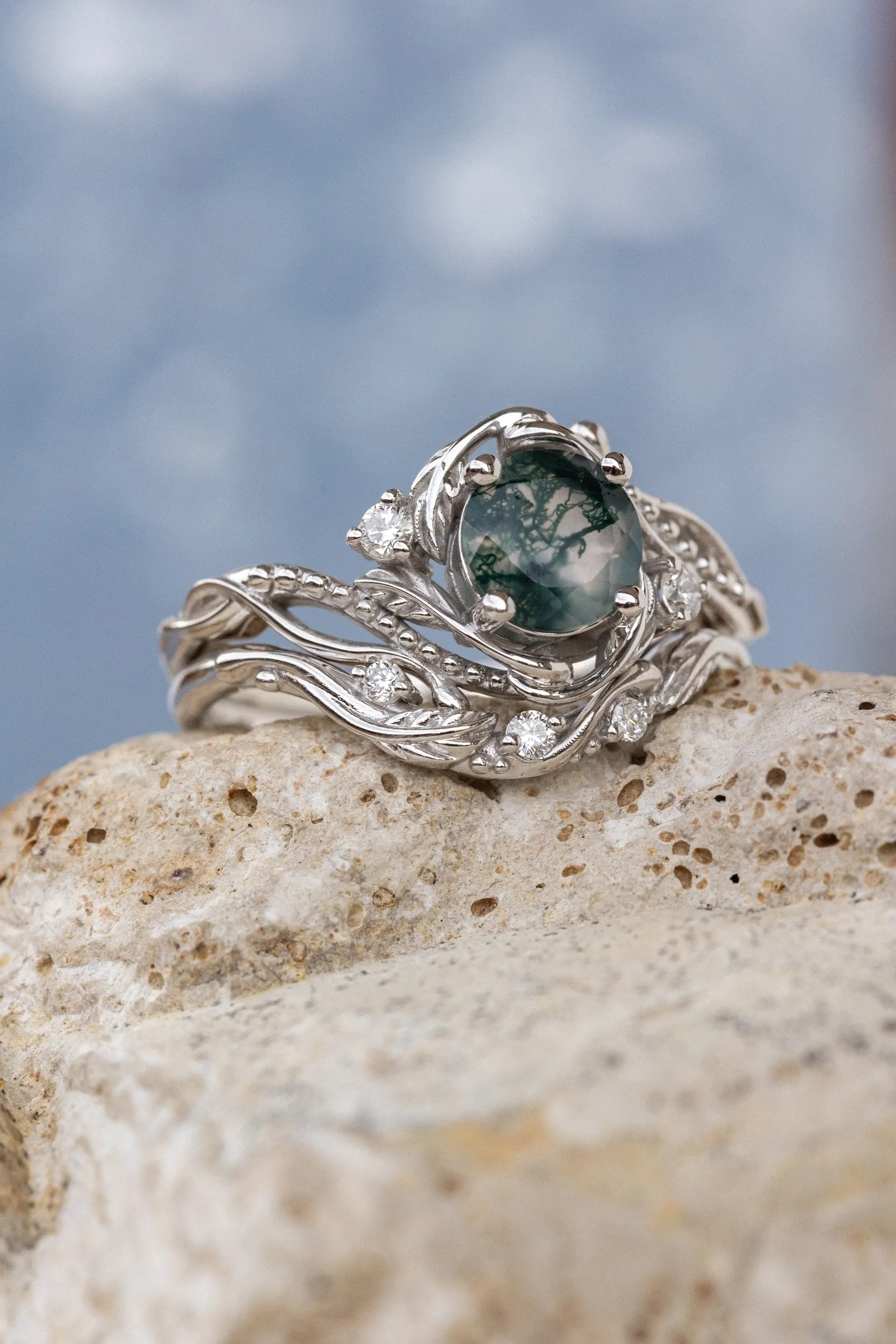 White gold bridal ring set with round moss agate and accent diamonds / Undina