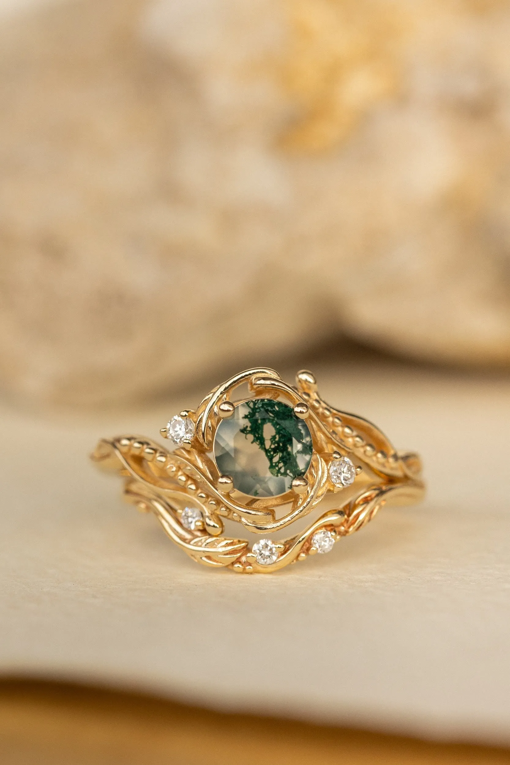 White gold bridal ring set with round moss agate and accent diamonds / Undina