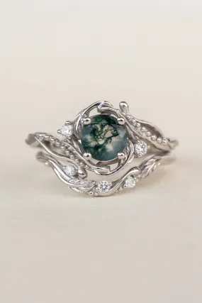 White gold bridal ring set with round moss agate and accent diamonds / Undina