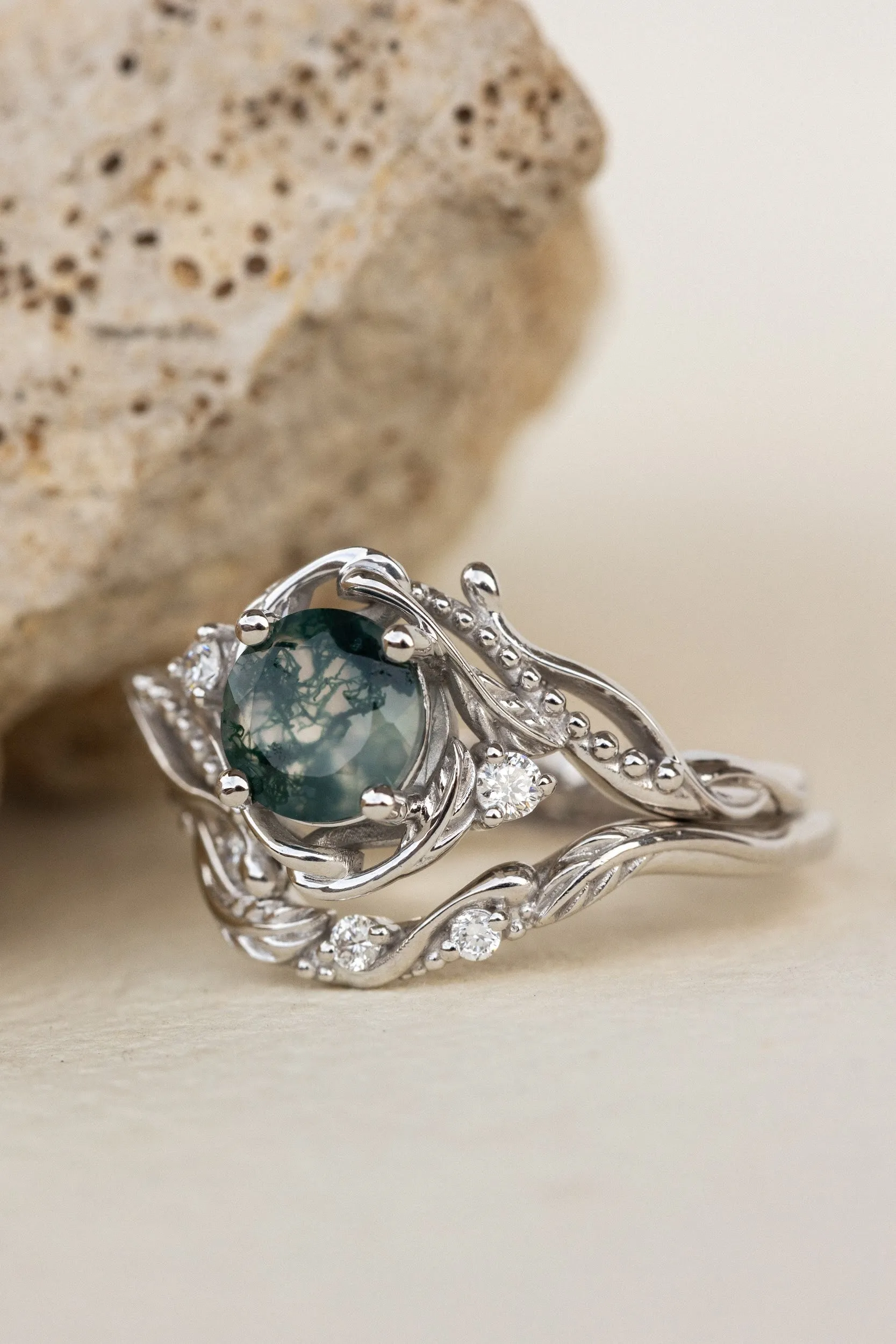 White gold bridal ring set with round moss agate and accent diamonds / Undina