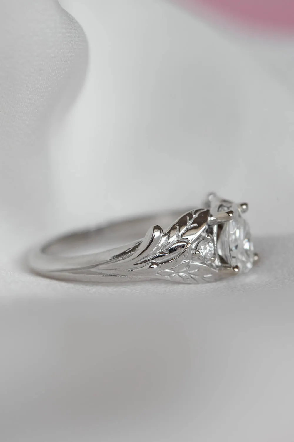 White gold leaf engagement ring with pear cut moissanite and accent diamonds / Wisteria