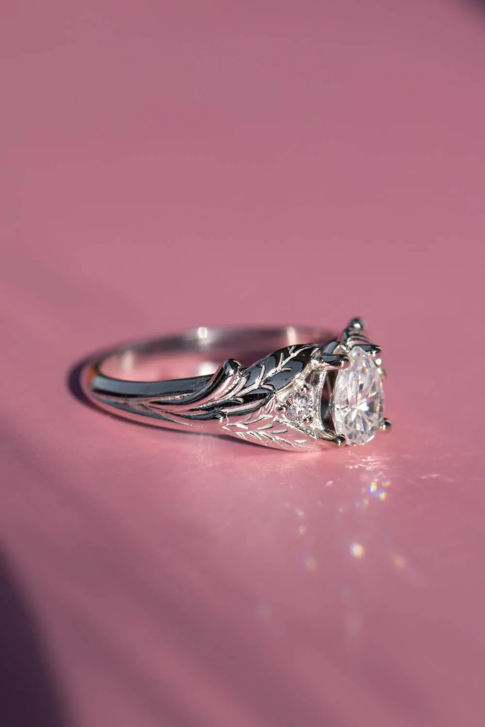 White gold leaf engagement ring with pear cut moissanite and accent diamonds / Wisteria