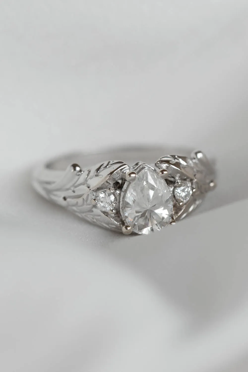 White gold leaf engagement ring with pear cut moissanite and accent diamonds / Wisteria