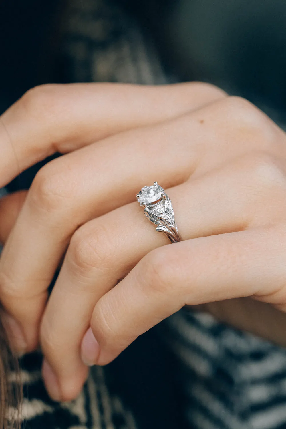 White gold leaf engagement ring with pear cut moissanite and accent diamonds / Wisteria