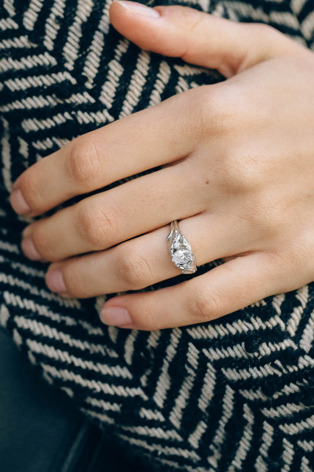 White gold leaf engagement ring with pear cut moissanite and accent diamonds / Wisteria