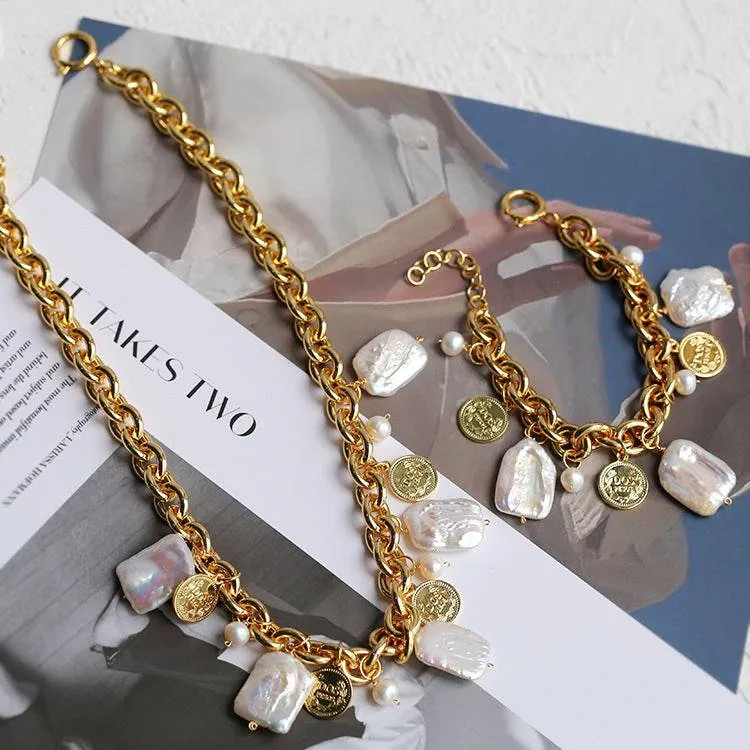 Wild Coin Square Baroque Pearl Necklace and Bracelet (Purchase Individually)