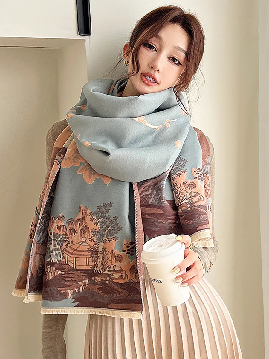 Women Vintage Flower Print Winter Scarf Shawl